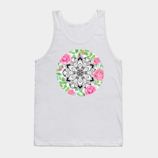 Pink Roses and Mandalas on Sky Blue Lace Tank Top